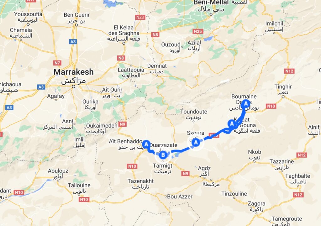 Map of 5 day Morocco itinerary from Marrakech