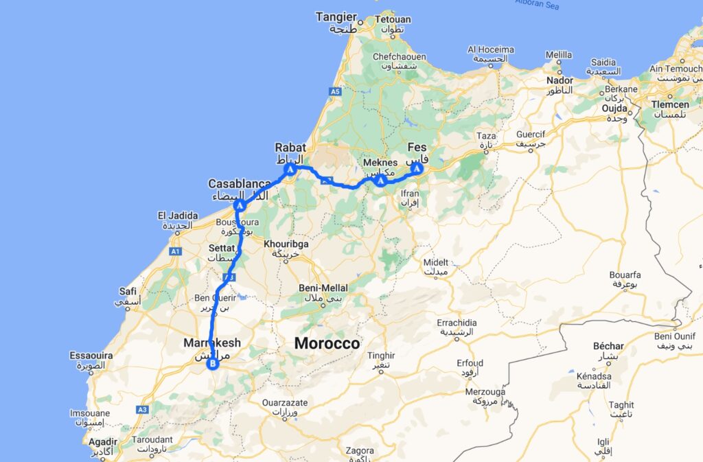 Map of a One Week Morocco itinerary from Marrakech to Fes