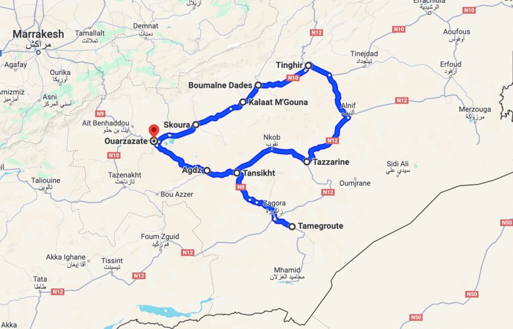 Map of a Route of 1000 Kasbahs itinerary
