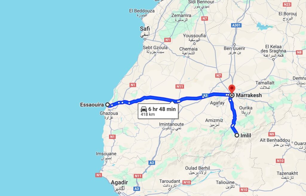 Map of a one week Morocco itinerary from Marrakech to Essaouira