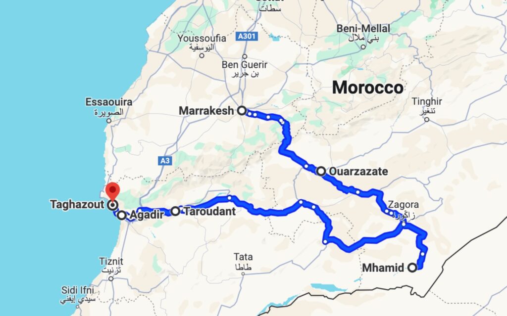 Map of a one week Morocco itinerary from Marrakech to Taghazout