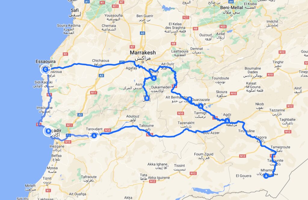 Map of a two week Morocco itinerary from Essaouira