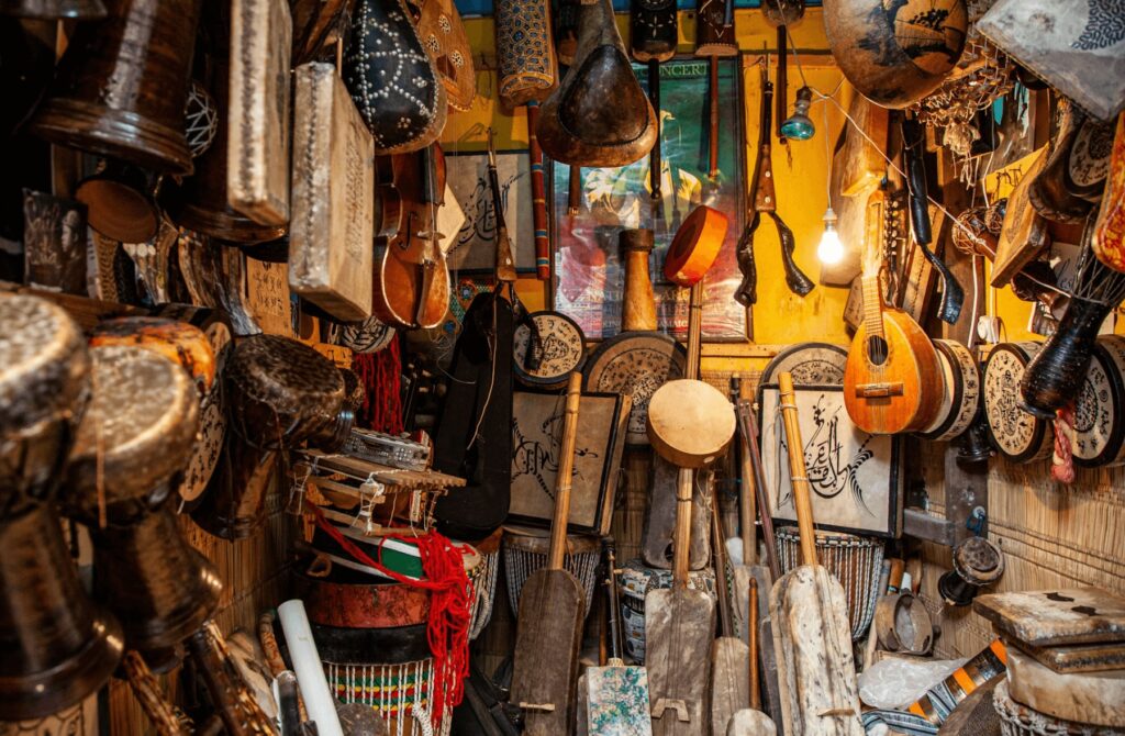 Best music festivals in Morocco - Traditional musical instruments displayed in a Moroccan store