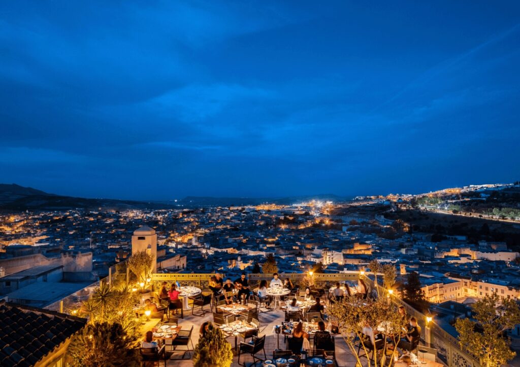 Nighttime views across Fes from the rooftop terrace of Palais Faraj Suites & Spa 