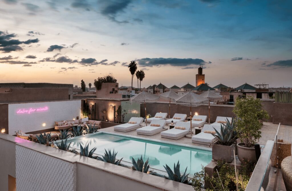 Sun loungers beside the stunning rooftop pool at 72 Riad in Marrakech 