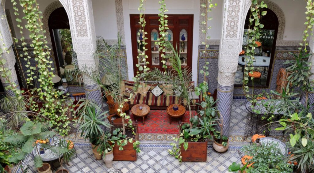 Hanging plants decorate the interior courtyard of Riad Al Bartal in Fes
