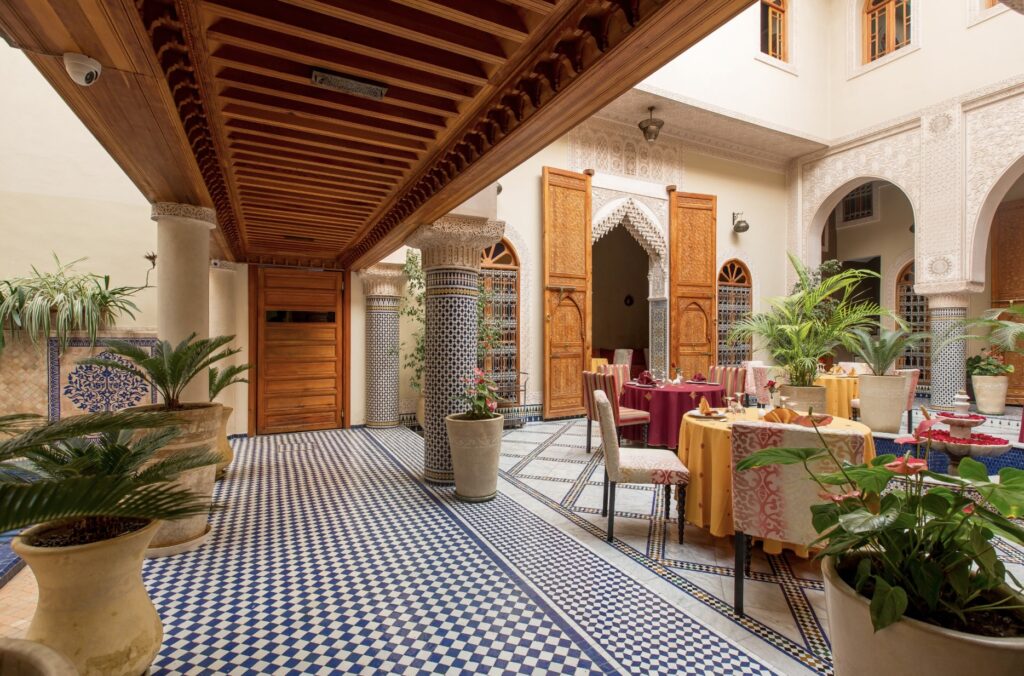 The interior courtyard at one of the best Fes riad hotels with a pool