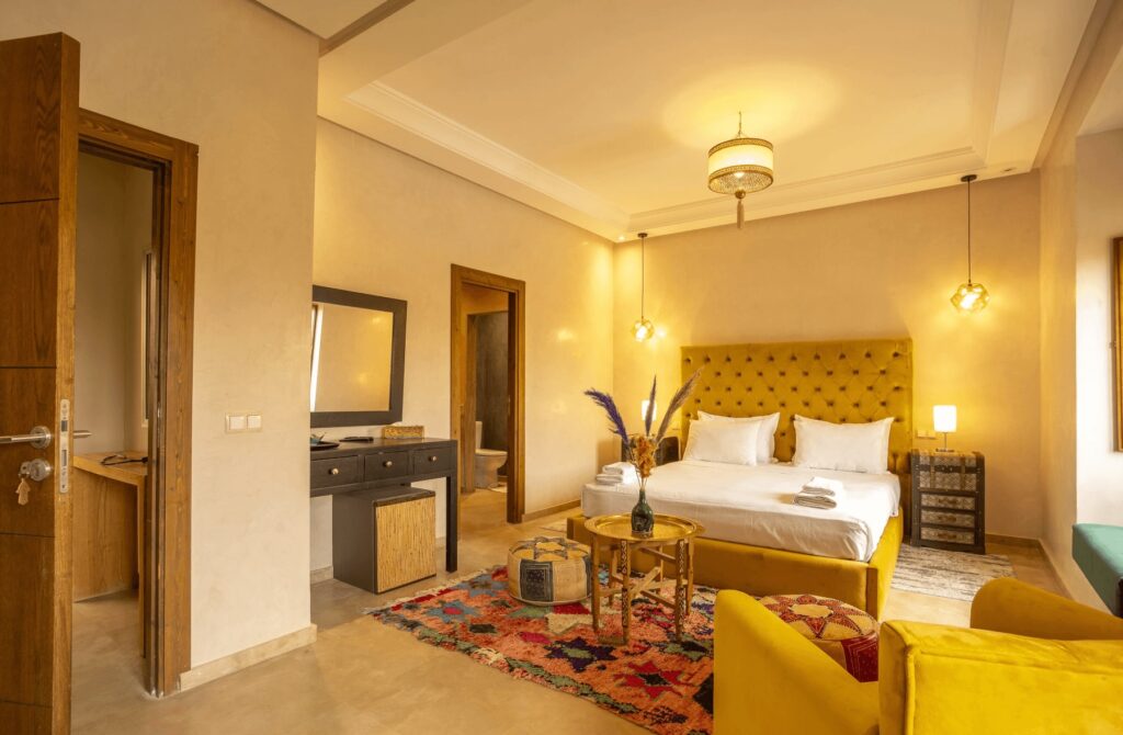 A spacious room at Riad Azia in Marrakech, one of the best all-inclusive riads in Marrakech