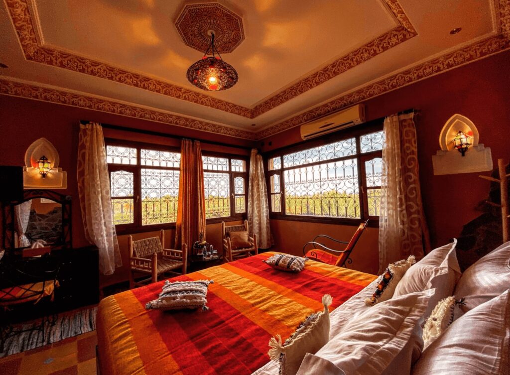 A traditionally decorated room at Riad Chay & Boutique, a highly-rated hotel in Ouarzazate