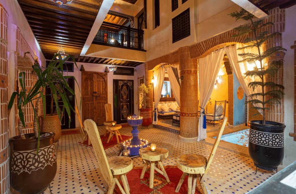 The charming interior courtyard at Riad Christina, a budget-friendly riad in Marrakech