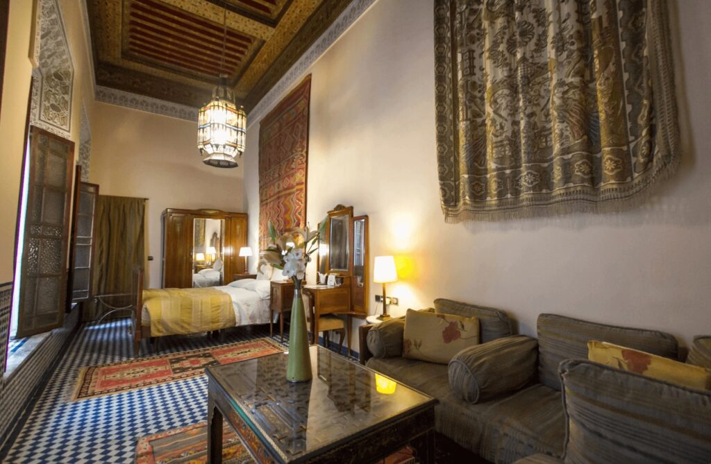 One of the beautifully decorated rooms at Riad Dar Cordoba in Fes