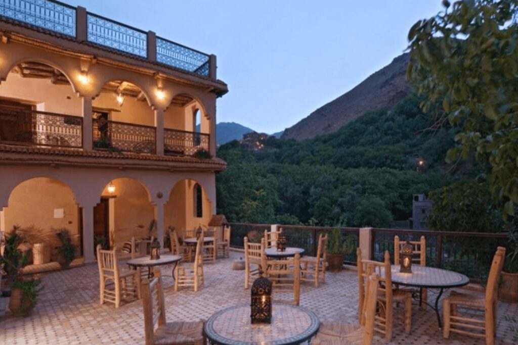 Lanterns illuminate a terrace at one of the best places to stay in Imlil