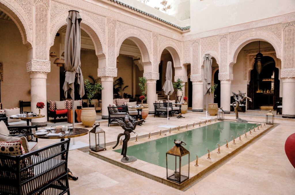 An interior patio pool at one of the best riad hotels in Fes