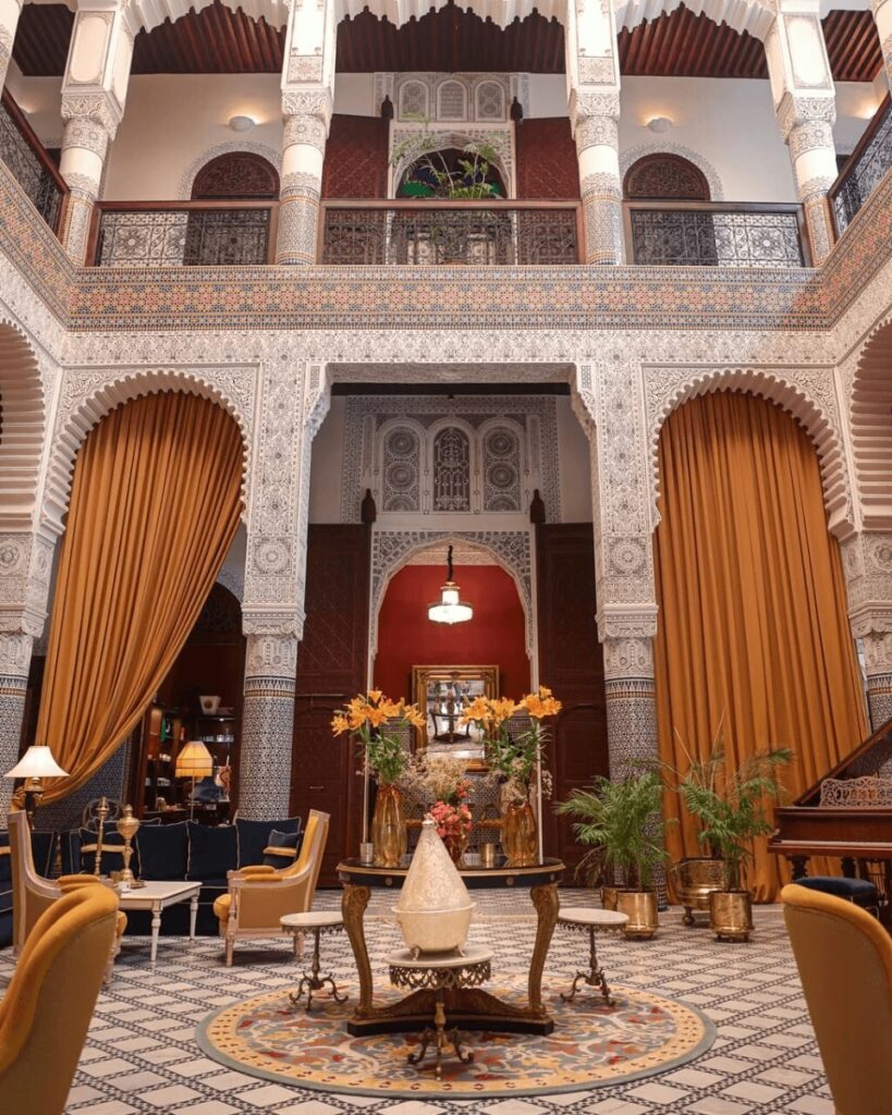 The beautifully decorated central patio of Riad Fes, one of the best luxury hotels in Fes