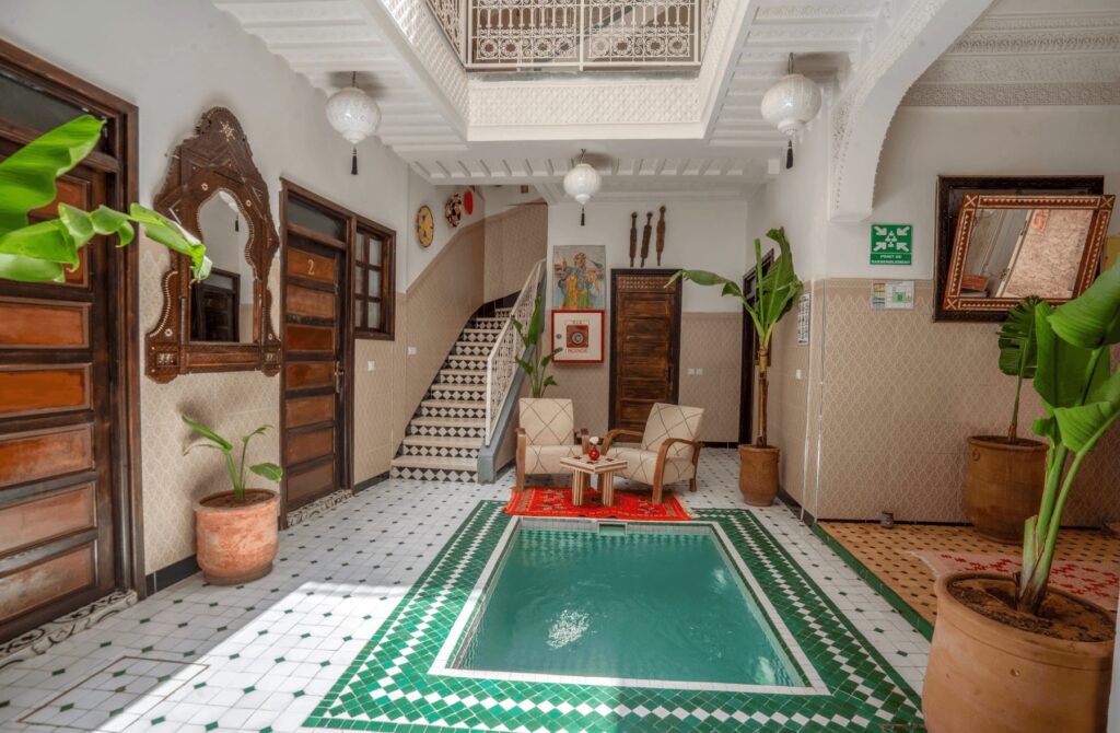 A small plunge pool in the central courtyard of Riad Lalla Zineb in Rabat