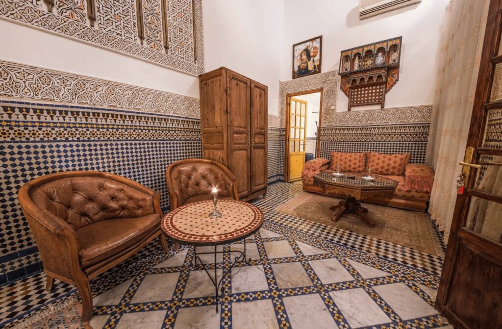 One of the traditionally decorated suites at Riad Sara - a budget-friendly hotel in Fes 