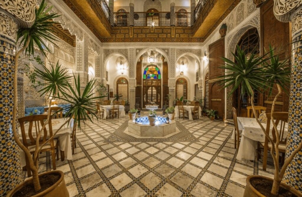 The lavishly decorated central patio of Riad Sara, one of the best budget-friendly riads in Fes
