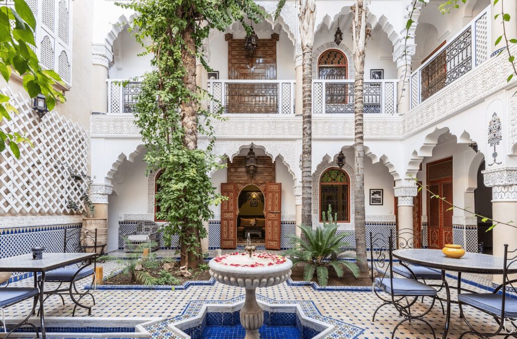 The interior courtyard of Riad Tahyra, one of the best budget riads in Marrakech