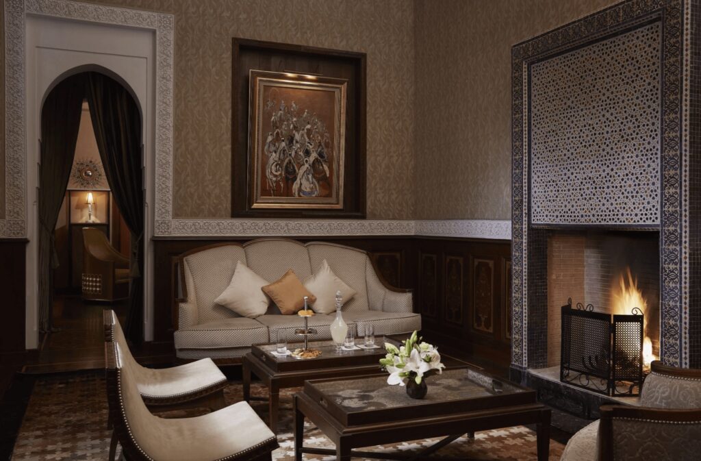 A fireplace in one of the luxury riads at Royal Mansour Marrakech