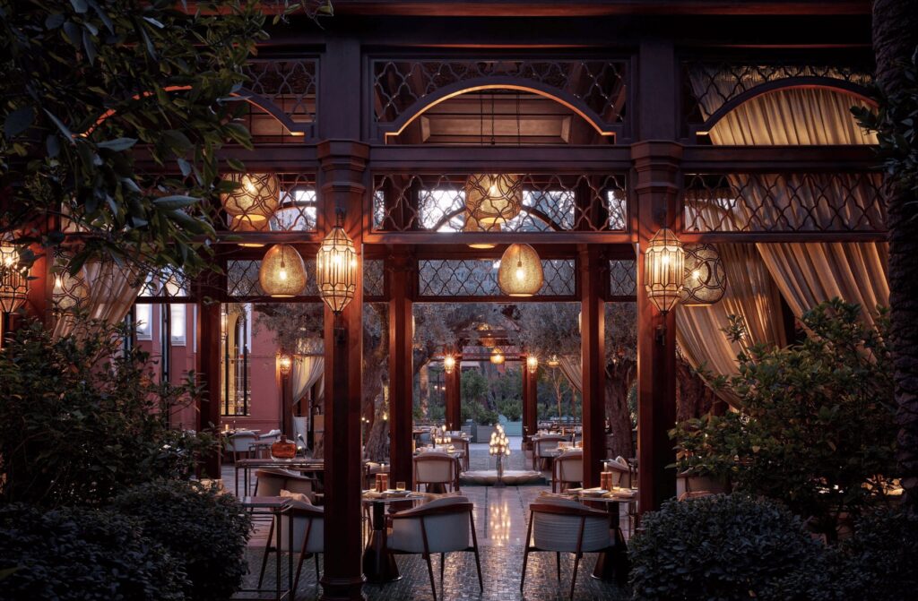 A low-lit dining space at the Royal Mansour Marrakech, one of the most luxurious hotels in Morocco