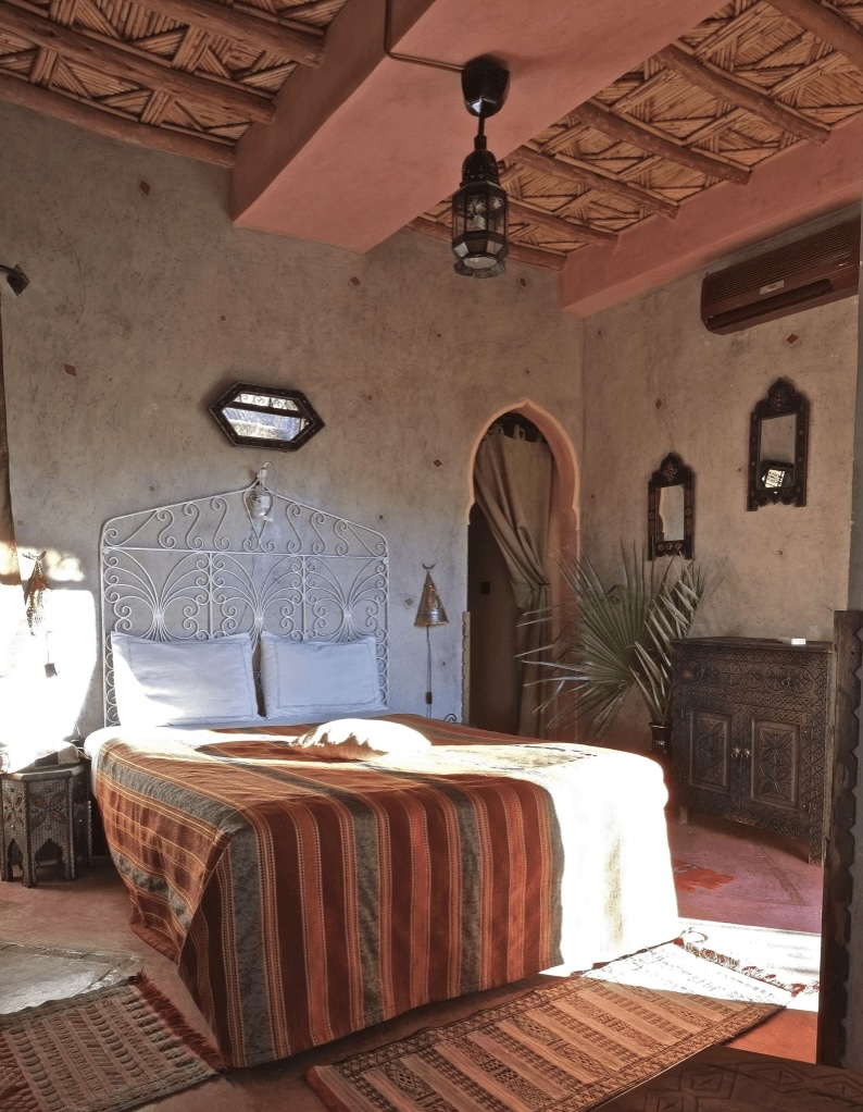 A beautifully decorated room at the Sawadi Ecolodge, a highly-rated kasbah hotel in Skoura
