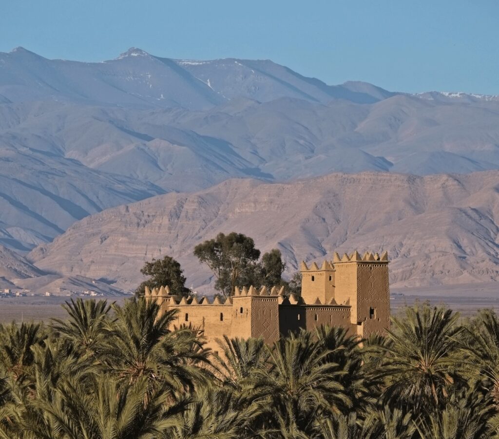 An exterior view of the Sawadi Ecolodge - an eco-friendly kasbah hotel in Skoura