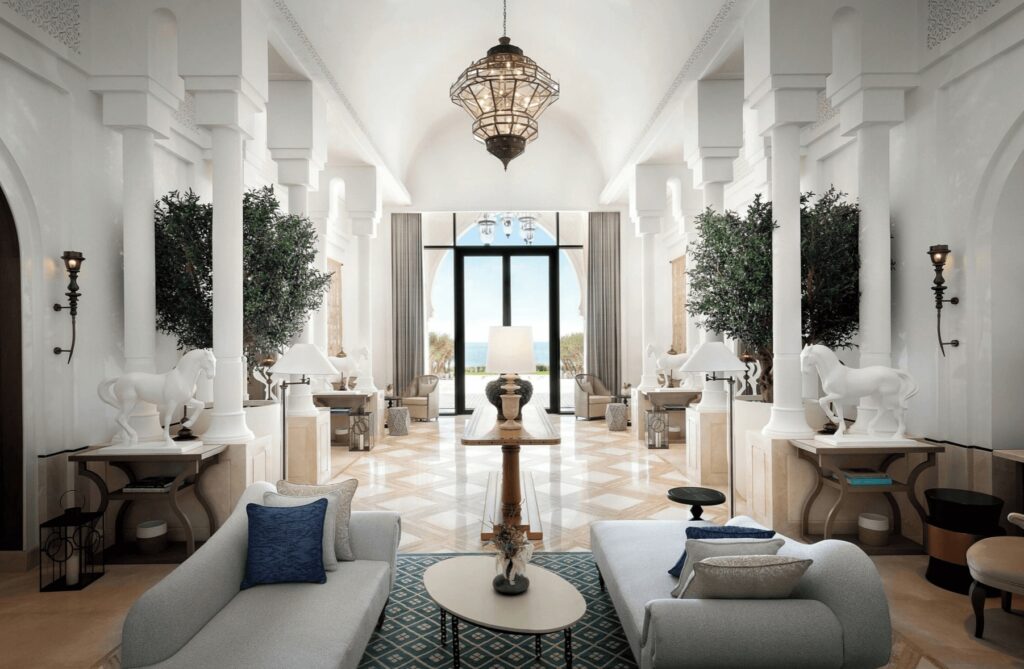 Inside the sophisticated lobby of the St. Regis La Bahia Blanca Resort near Tangier 