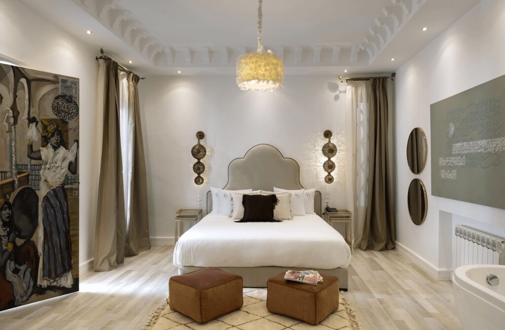 One of the contemporary suites at Suite Azur, a boutique hotel in Essaouira