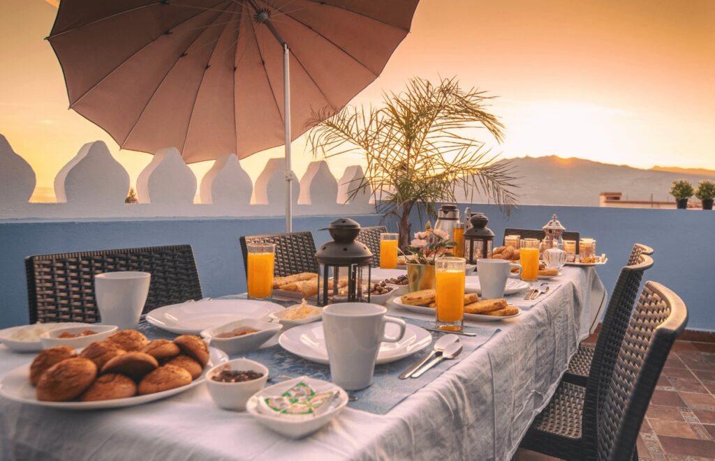 Breakfast laid out on a terrace at a villa in Chefchaouen