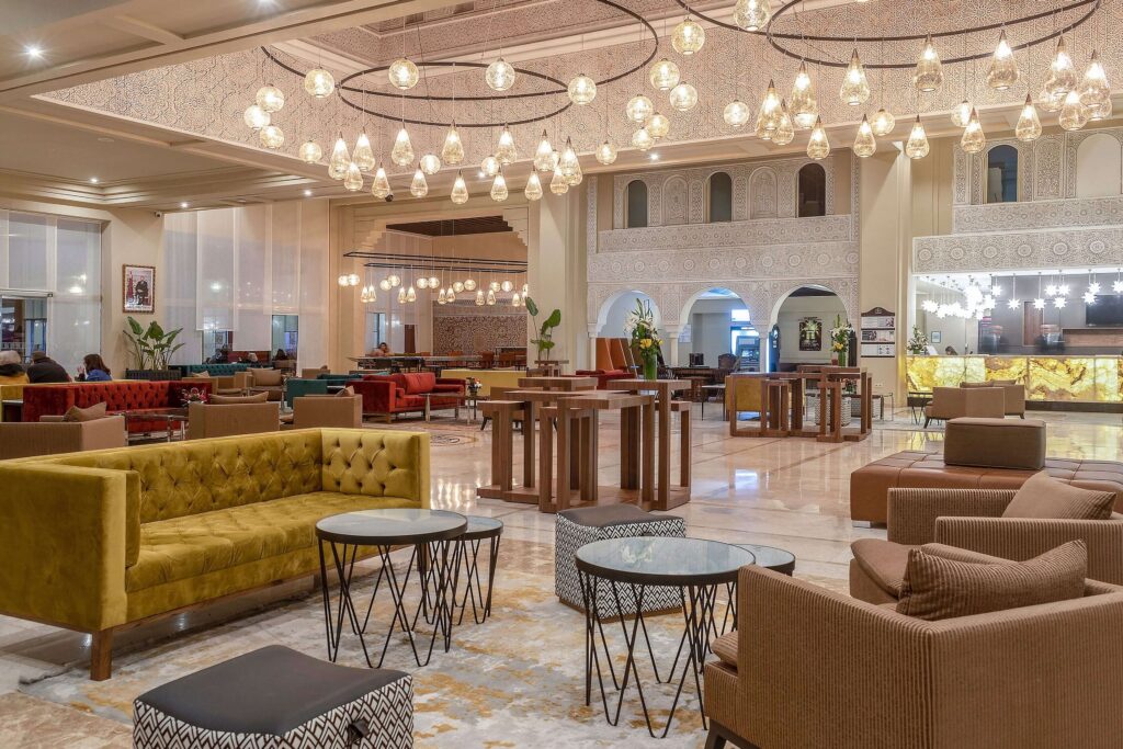A stylish lounge at the Eden Andalou Aquapark & Spa - a family-friendly resort in Marrakech