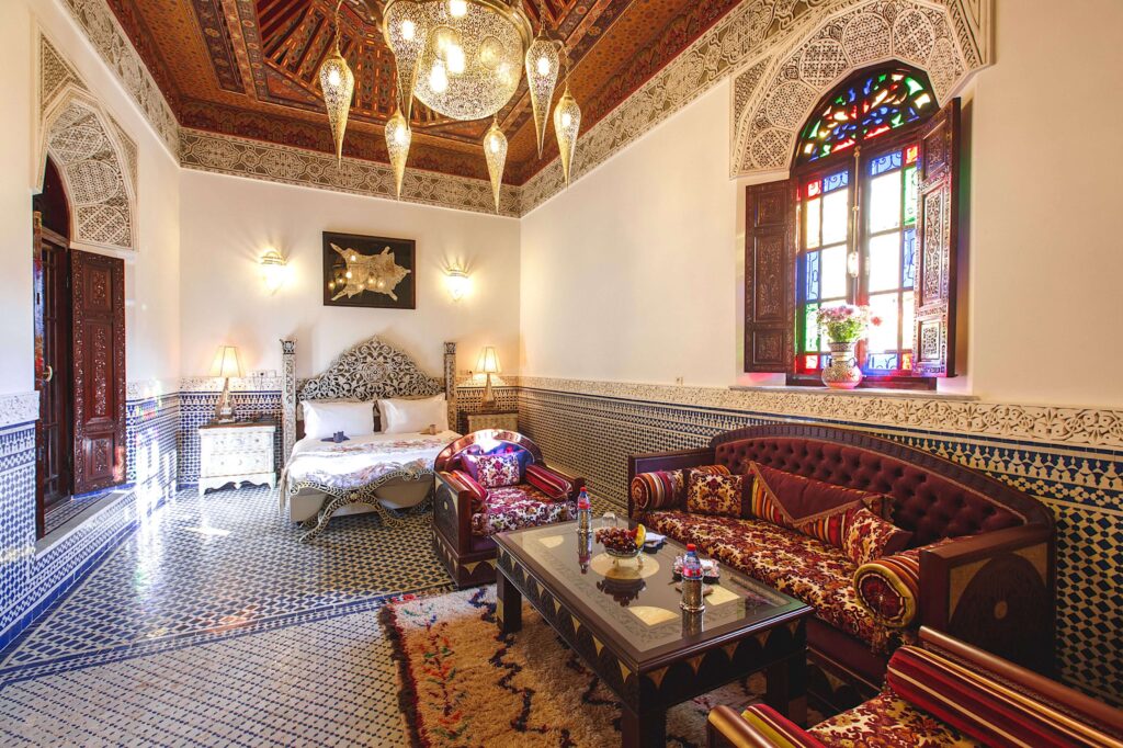 One of the gorgeous suites at the Riad Fes Maya Suites & Spa, one of the best hotels in Fes for families