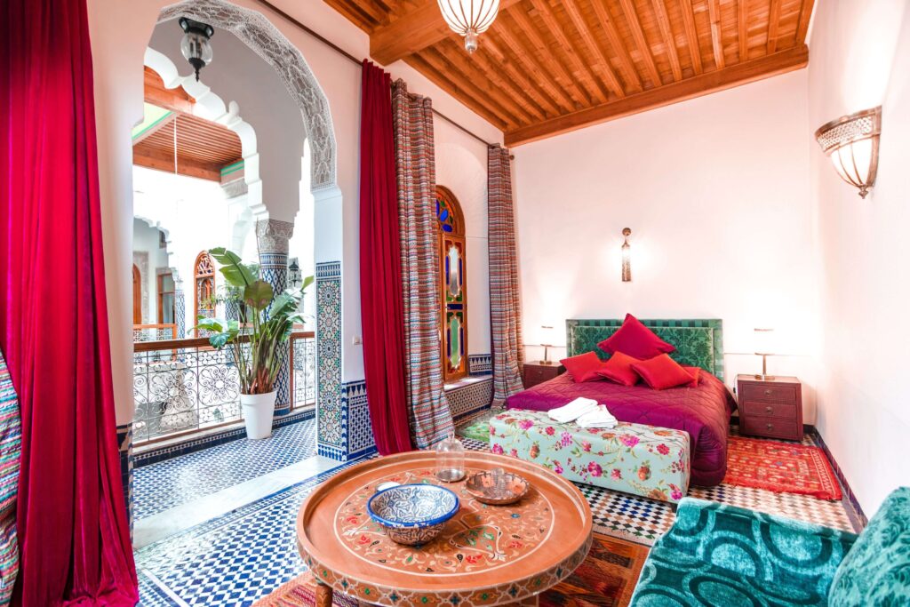 A brightly coloured suite at one of the best family riads in Fes