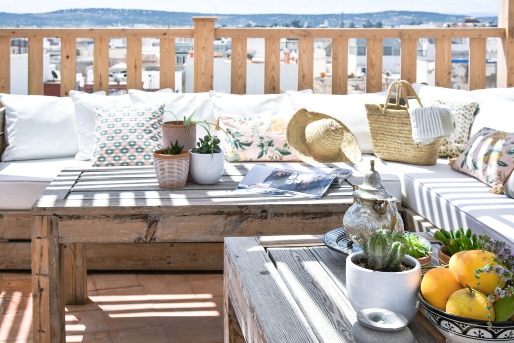 A rooftop lounge at Riad Lyon-Mogador, one of the best hotels in Essaouira for couples
