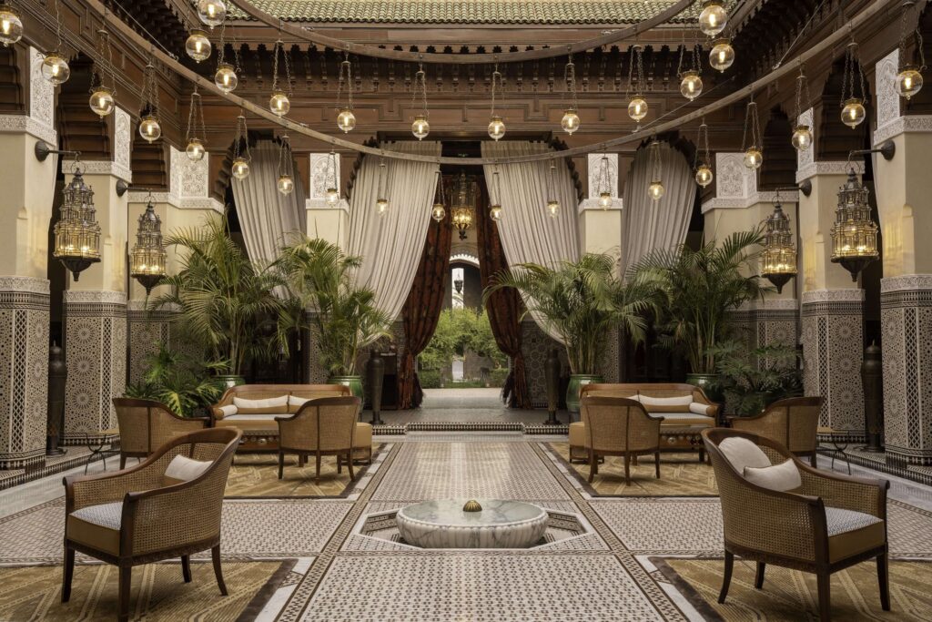A lavishly decorated patio at the Royal Mansour Marrakech, one of the best 5-star hotels in Marrakech