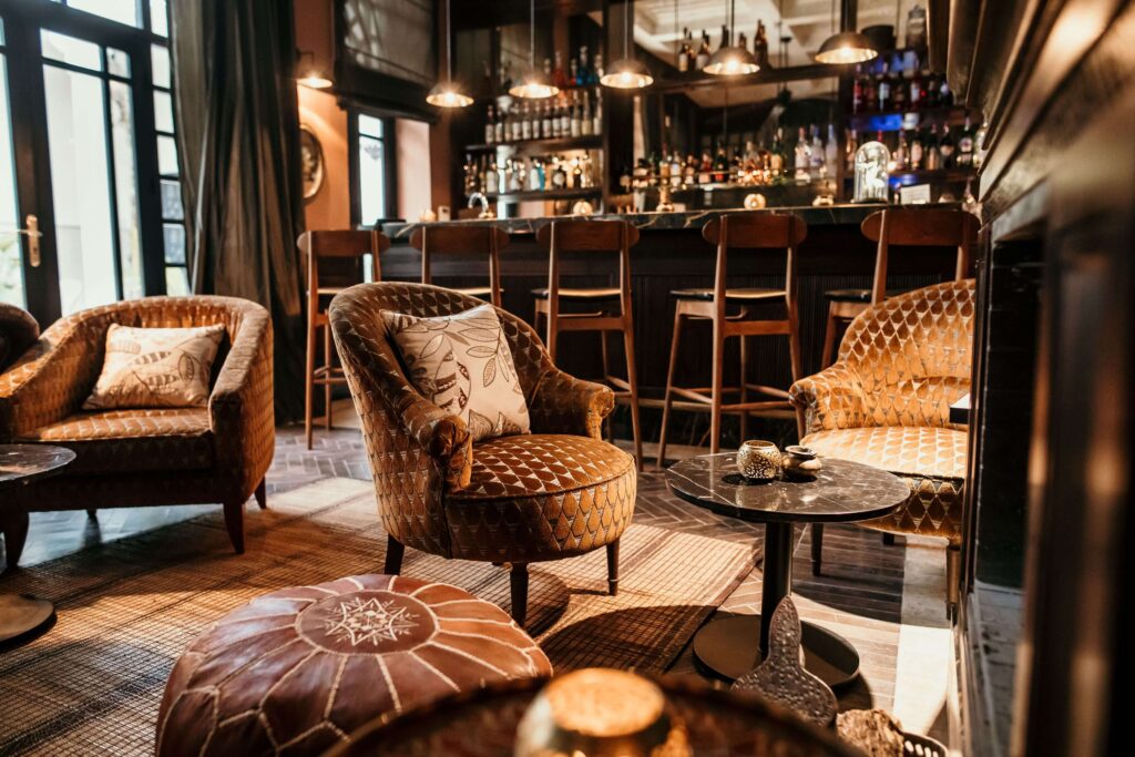 A sophisticated lounge at the Villa des Orangers, one of the best 5-star hotels in Marrakech